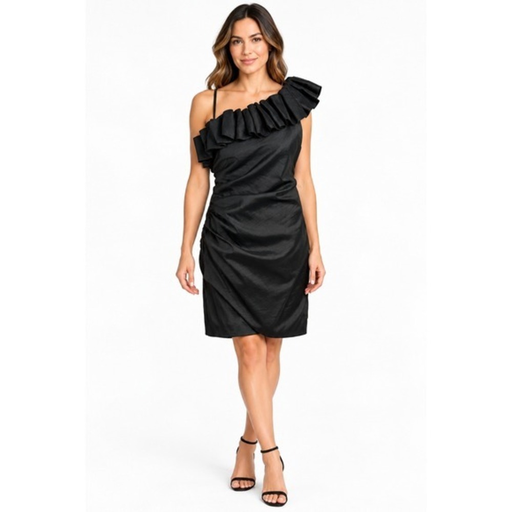 S.L. Fashions One Shoulder Ruffle Ruched Cocktail Dress Black Size 14